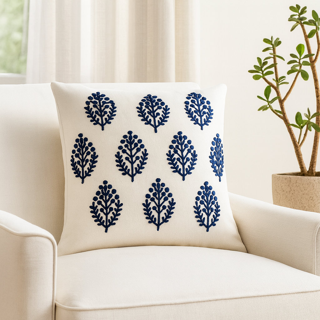 Indigo Leaf – White Cotton Cushion Cover with Blue Embroidery