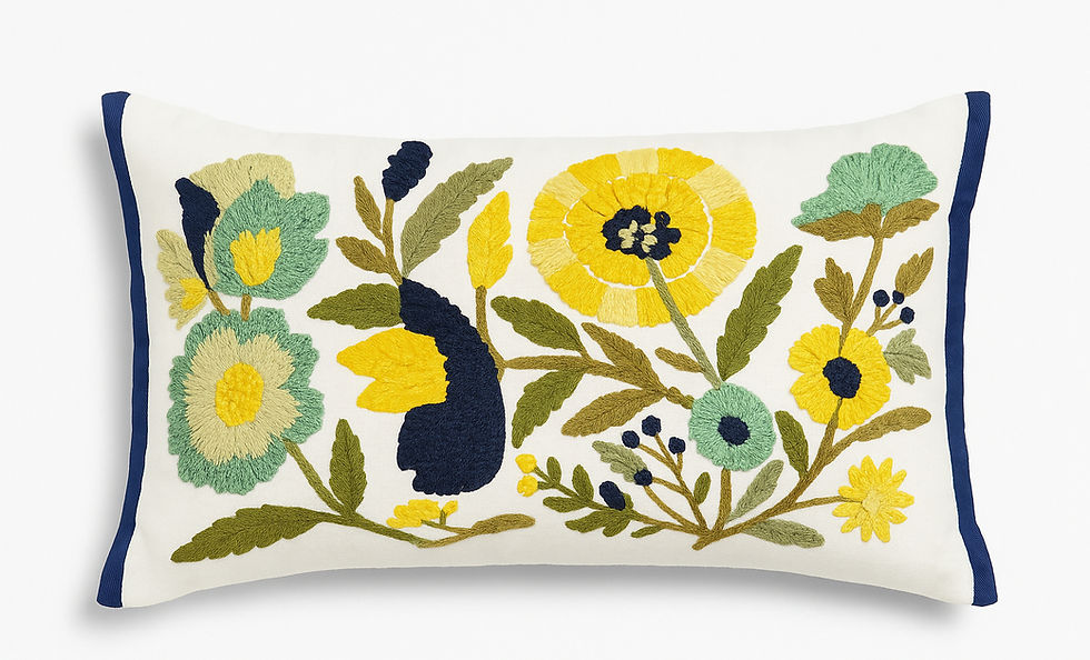 Thumbnail: 12"x18"Embroidered Cotton Cushion Cover – Yellow & Navy Floral Design