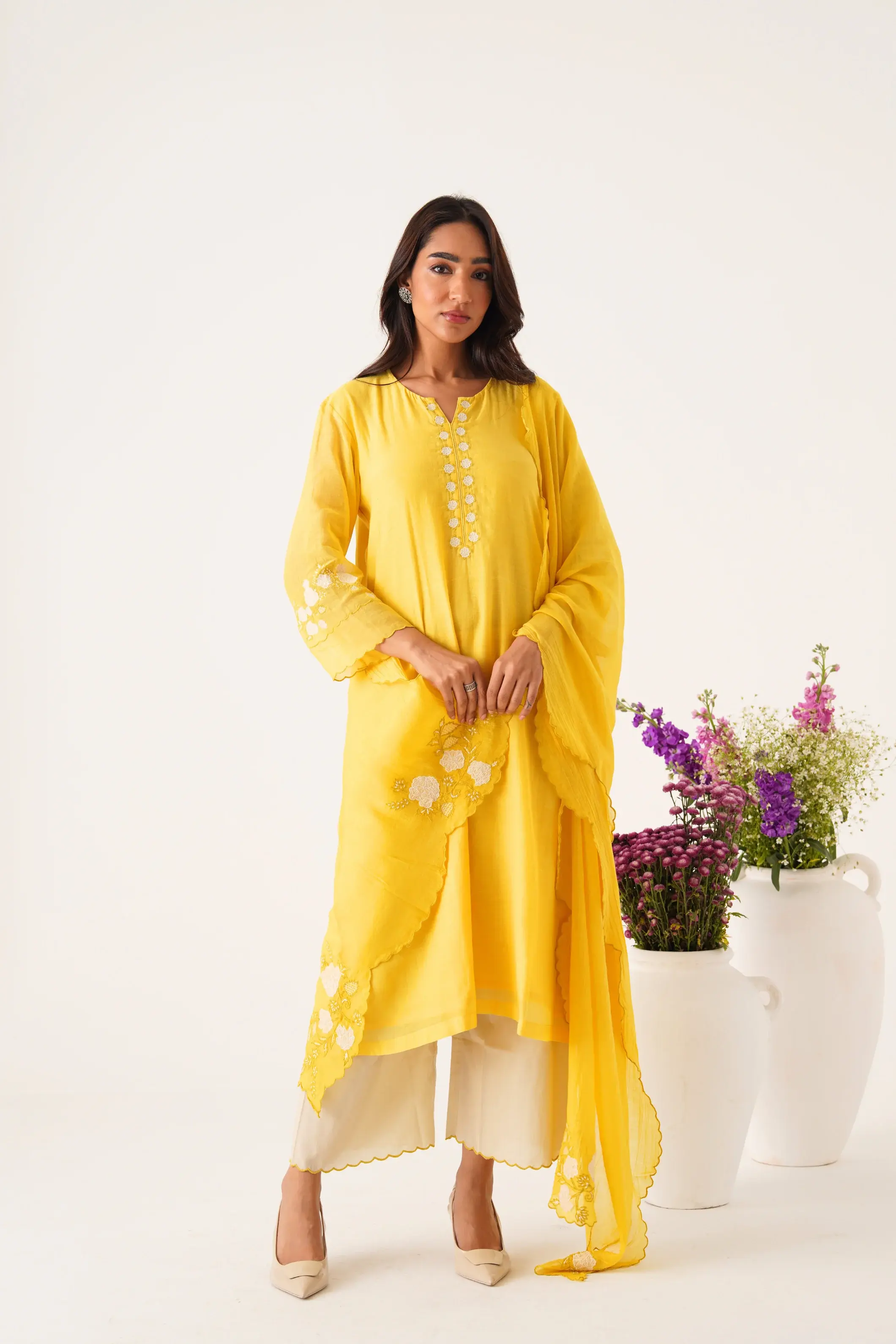Phalgun Yellow Applique Kurta Set