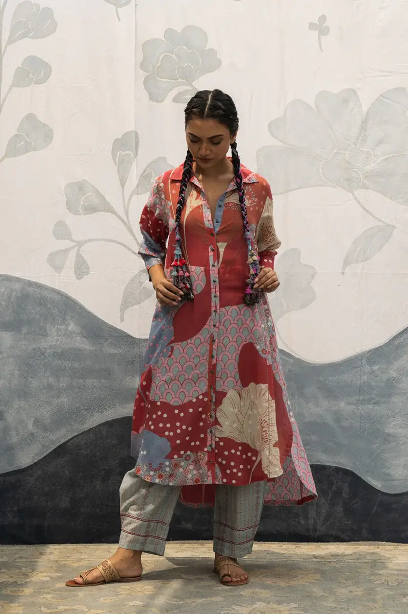 Thumbnail: Red multicolor hand woven, hand printed silk cotton long length Silvia