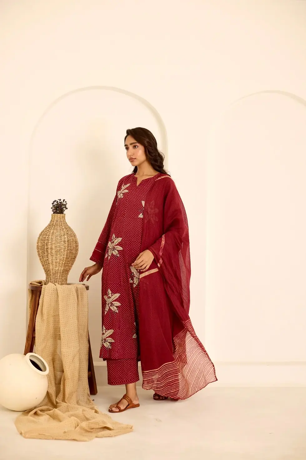 Thumbnail: Deeya Maroon Hand Block Printed Mulmul Kalidar Kurta Set
