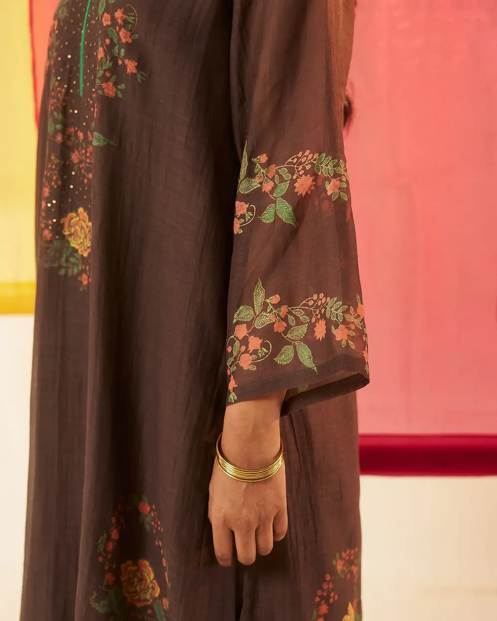 Thumbnail: Sitara Brown Hand Block Printed Sequin Work Chanderi Kurta Set