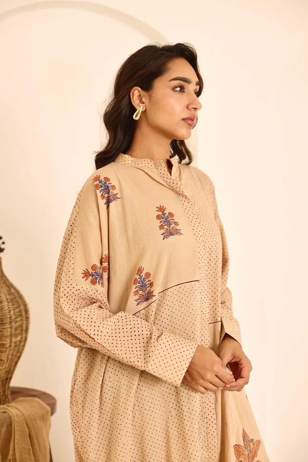 Thumbnail: Deeya Tea Hand Block Printed With Jaali Embroidery Mulmul Kaftan