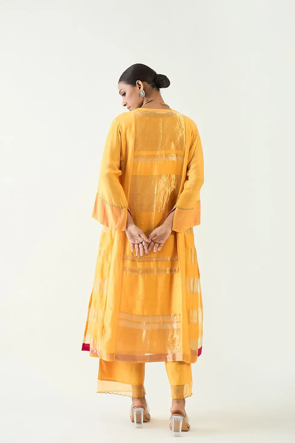 Thumbnail: Mira Silk Stripe Tissue Choga Set- Mango