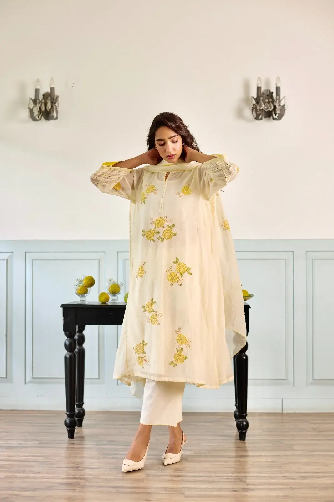 Rose Milky White Hand Block Printed Chanderi Kurta Set