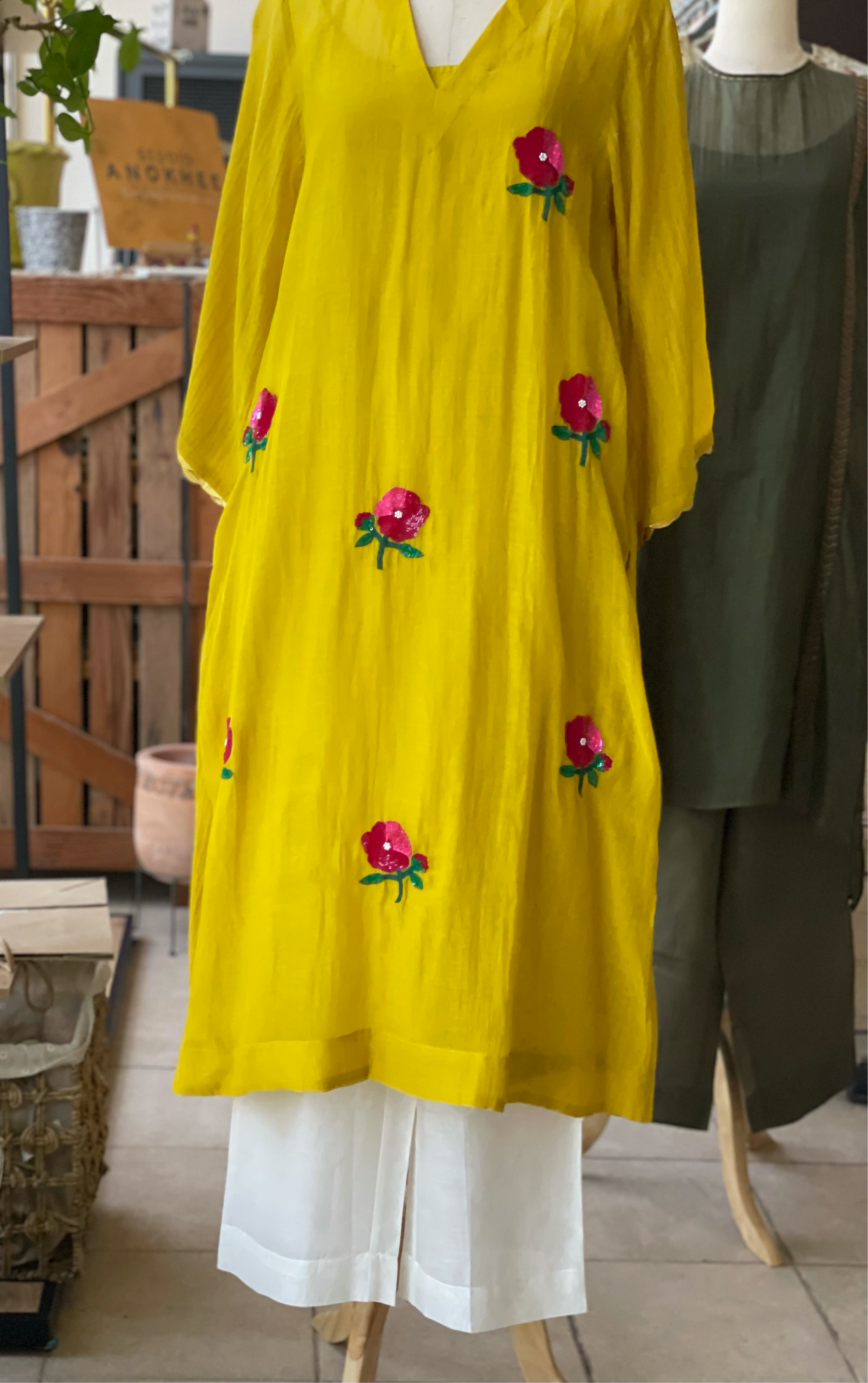 Cotton Chanderi  Hand Embroidered - Yellow