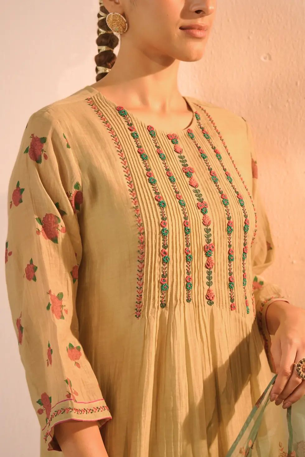 Thumbnail: Surmayee Sand Pintuck Chanderi Kurta Set With Thread Zardosi Work