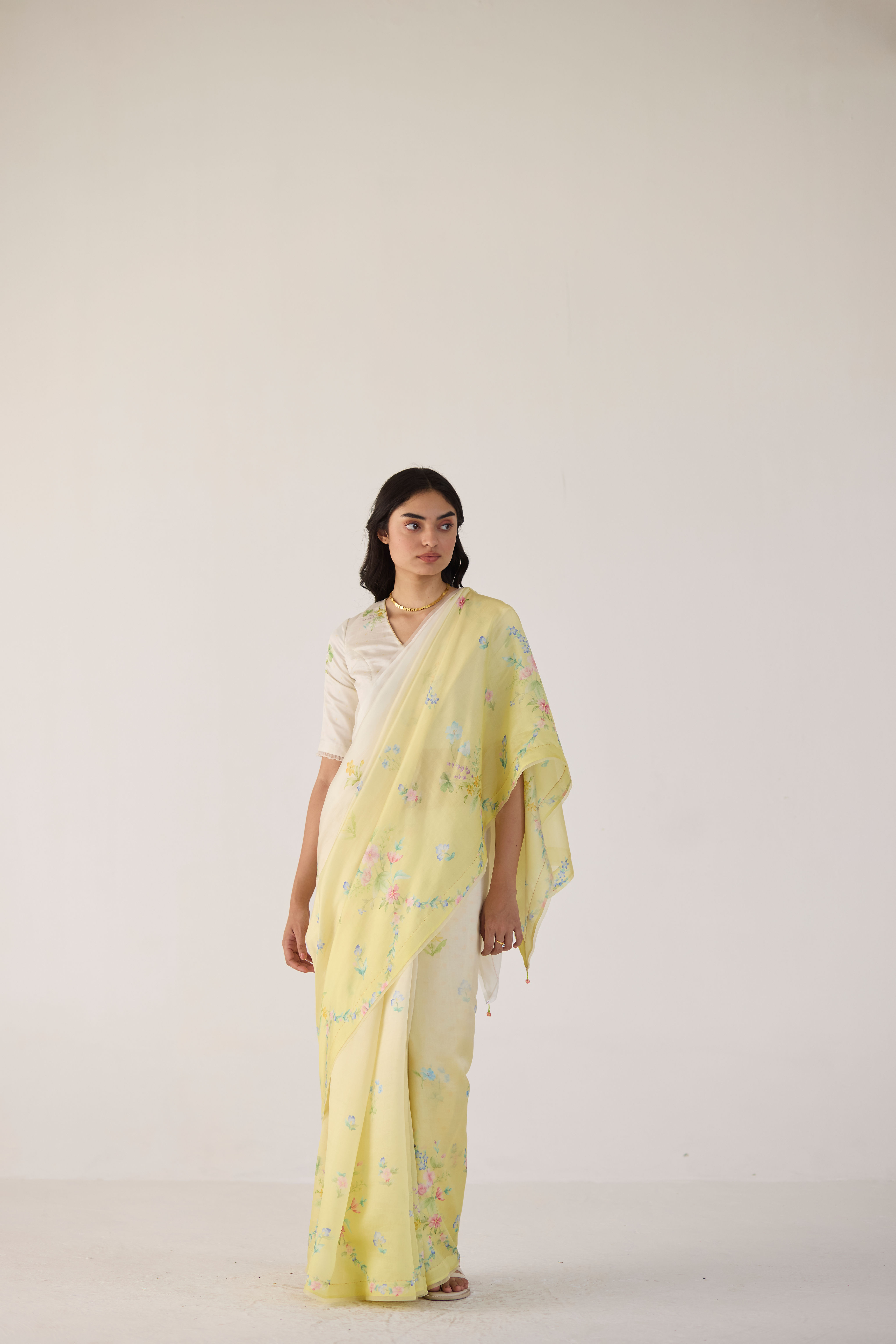 Clover Field Mulberry Organza Silk Sari -Yellow