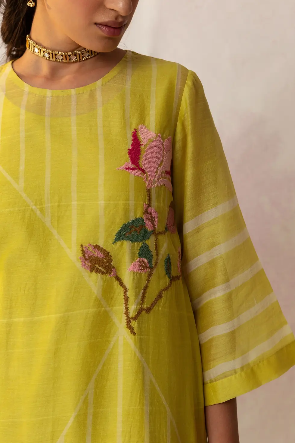 Thumbnail: Bahaar Olive Grid Floral Kurta Set