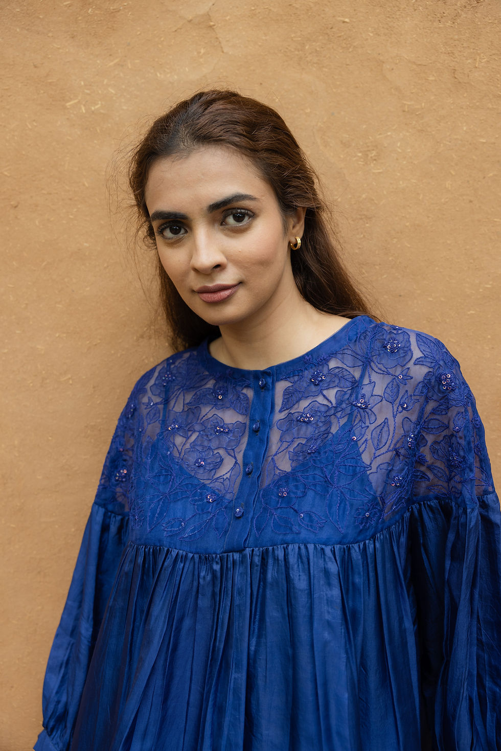 Thumbnail: Polly Floral Applique Embroidered Yoke Top - Blue