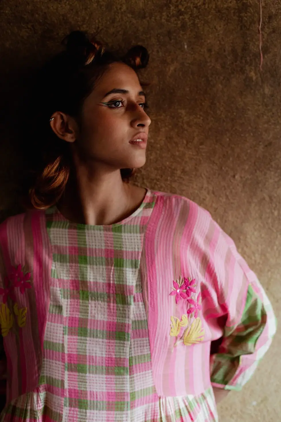 Thumbnail: Dori Work Floral Panneled Dress in Multi Colour Check