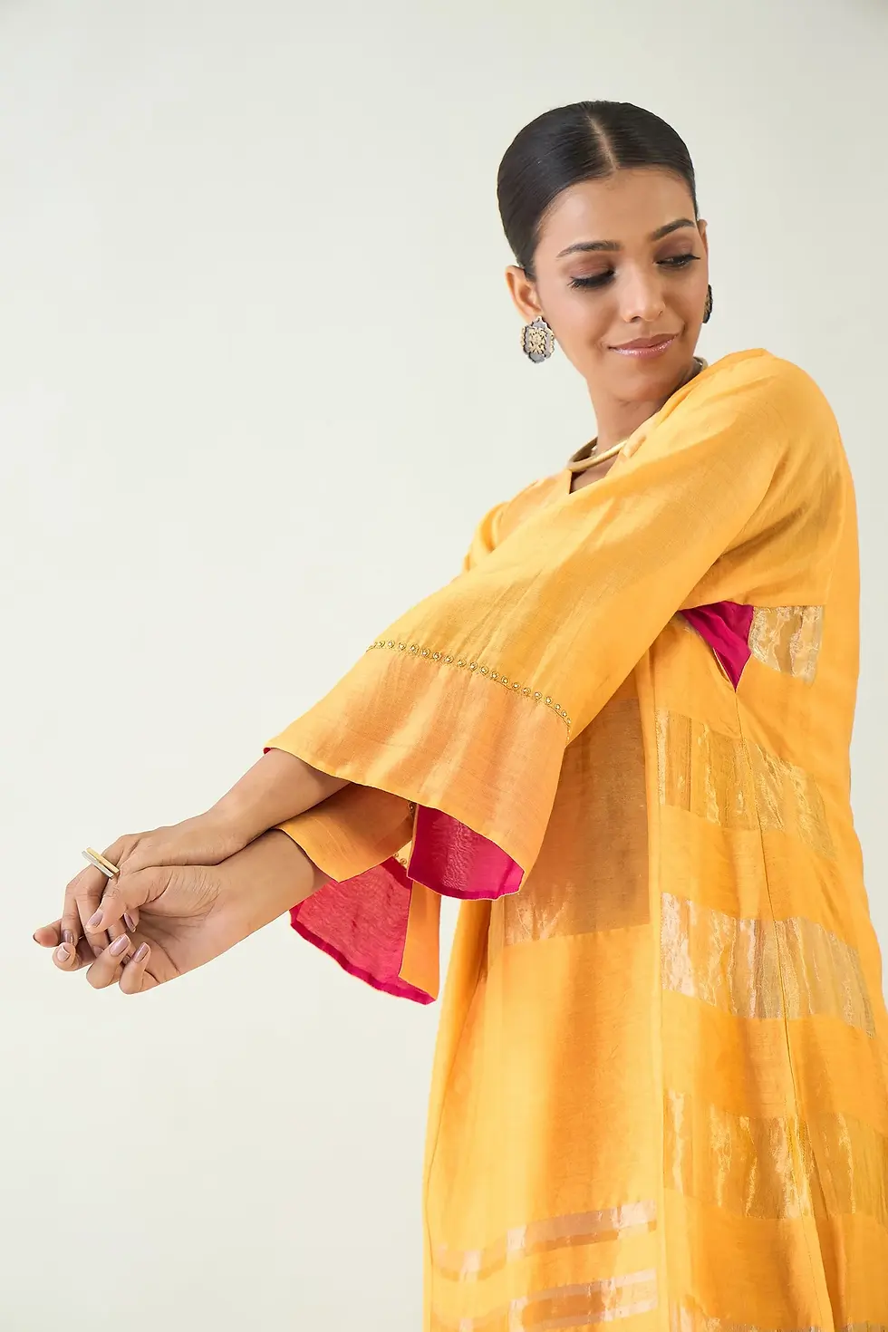 Thumbnail: Mira Silk Stripe Tissue Choga Set- Mango