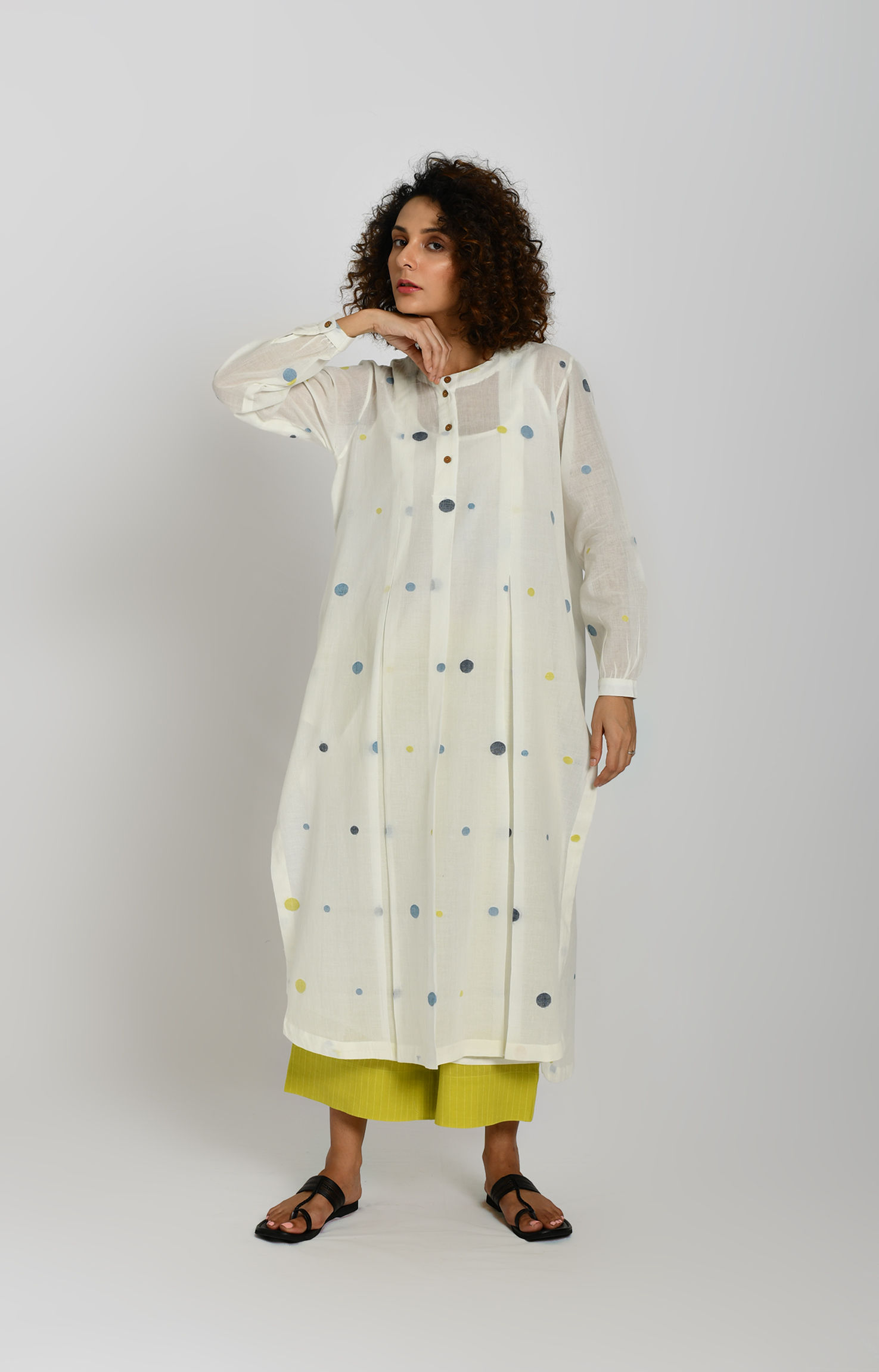 Polka Jamdani Co-ord Set- White & Olive