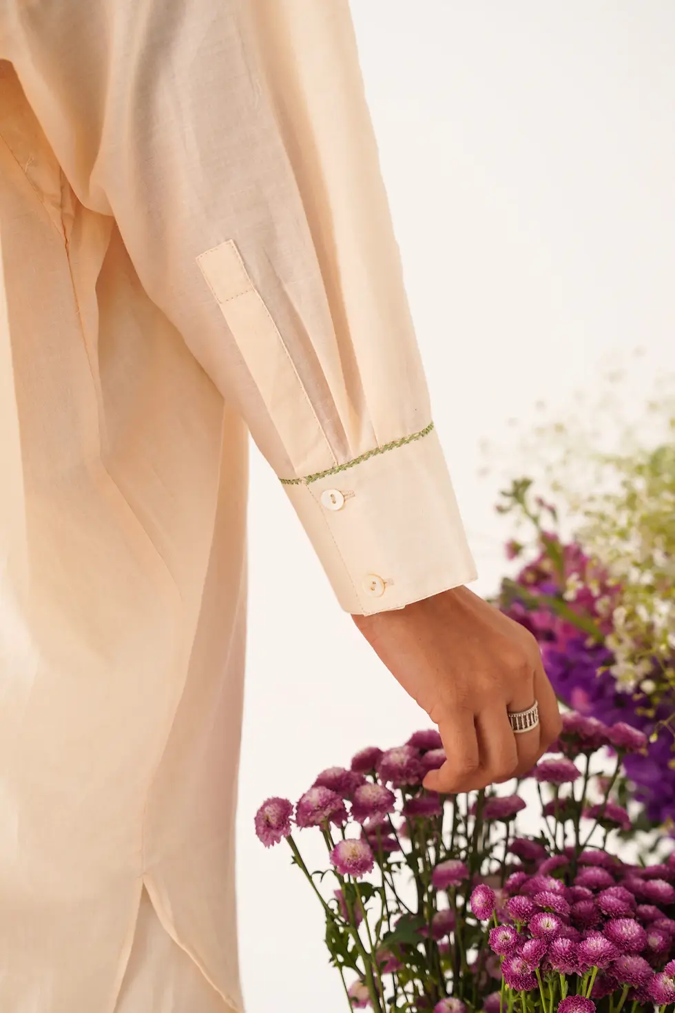 Thumbnail: Gul ivory-celedon Green Thread Emboidery Kaftan Set