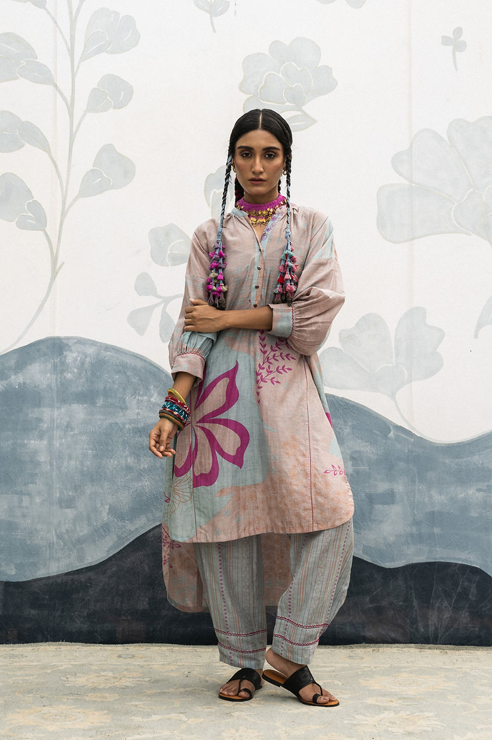 Thumbnail: Pink and sky blue hand woven, hand printed Luisa silk cotton long antifit shirt