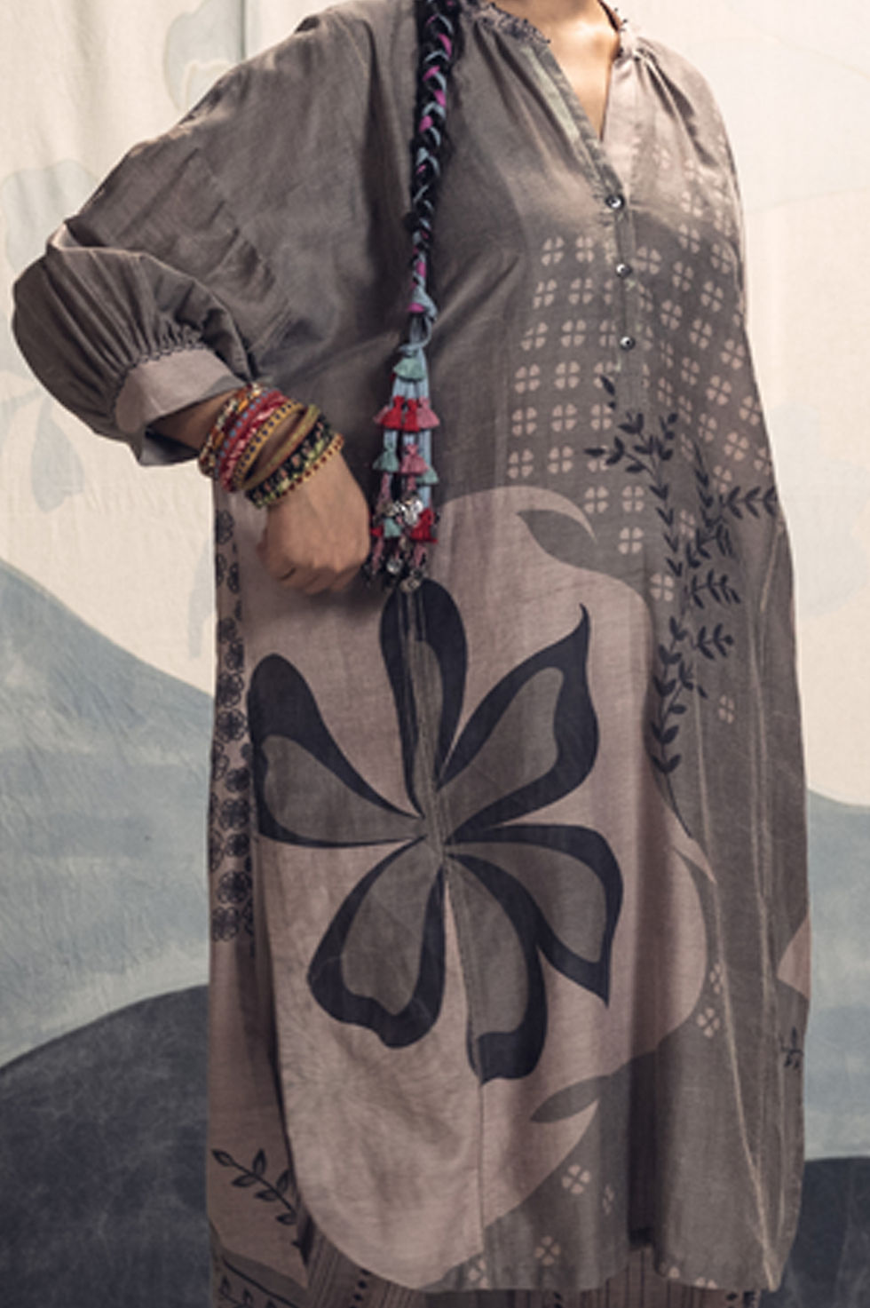 Thumbnail: Grey and charcoal hand woven, hand printed Silvia silk cotton long antifit shirt