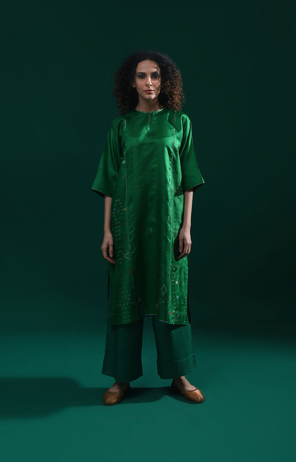 Thumbnail: Silk Jamdani Phiran Co-Ord Set (Set of 2)- Emerald