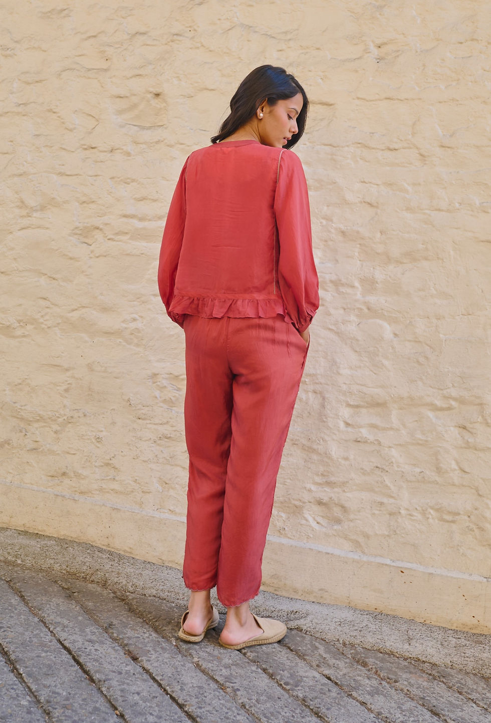 Thumbnail: Brick Red Viscose Tabby Hand Embroidery Floral Mandarin Joy Panel Top