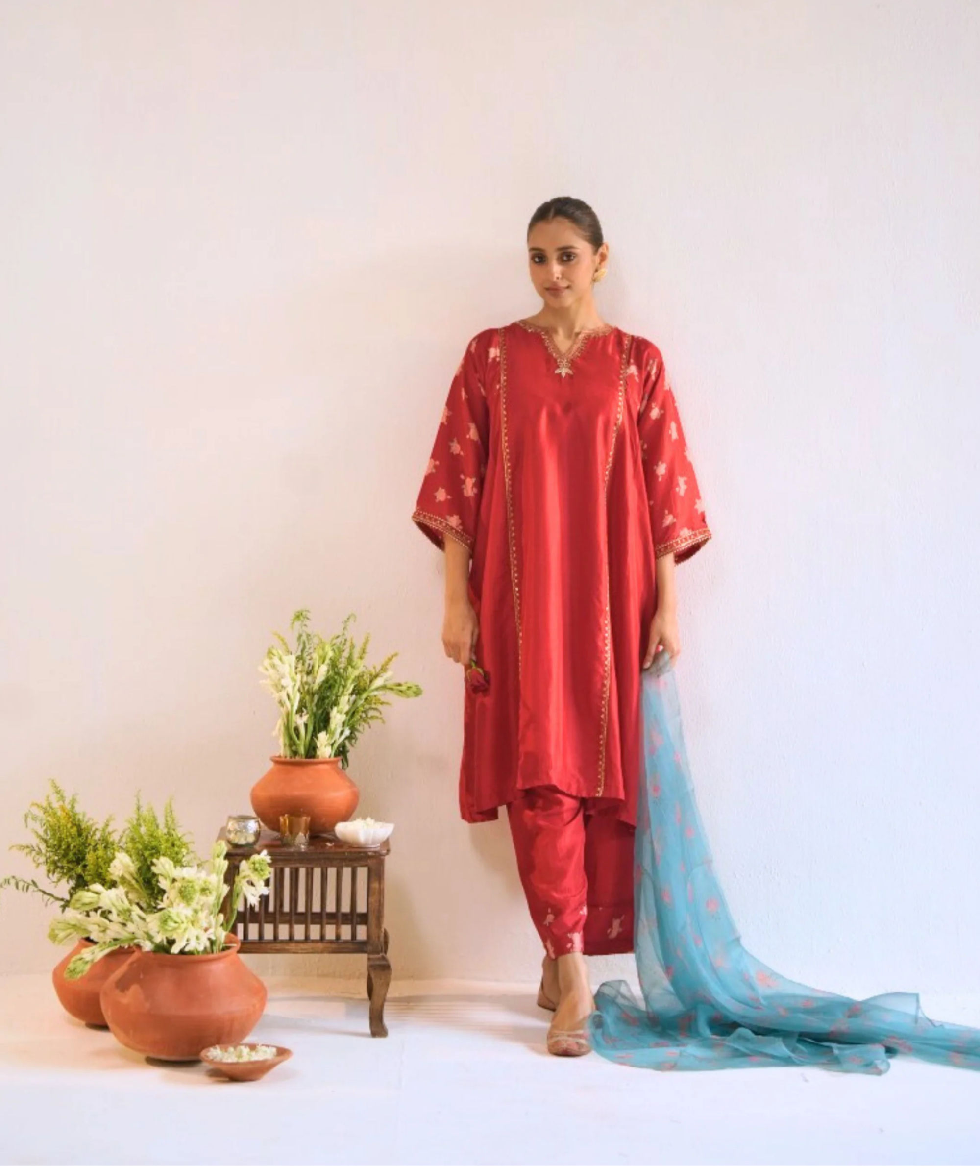 Surmayee Red Habutai Silk Kurta Set