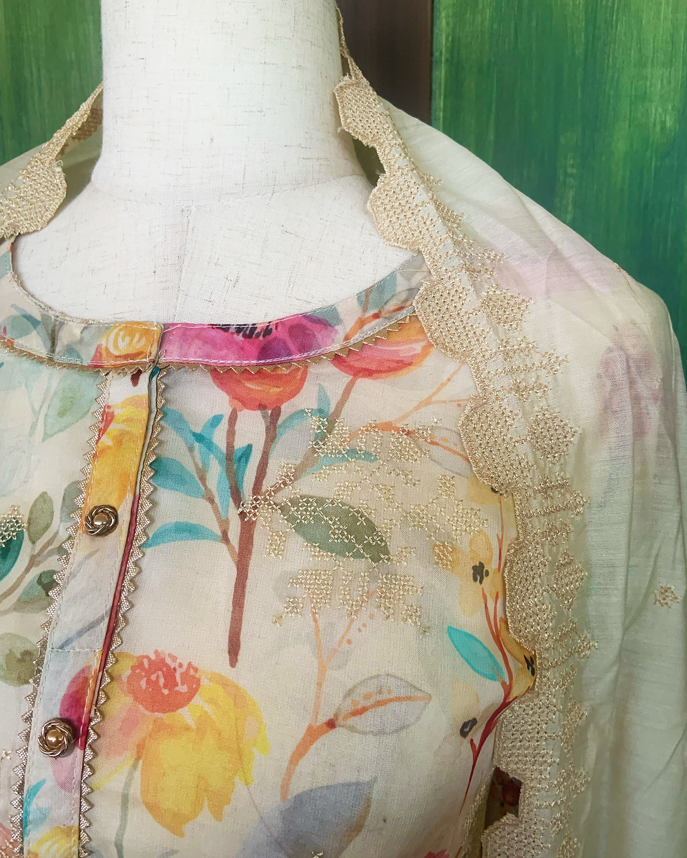 Thumbnail: Georgette Floral Semi Stitched Suit with Beige Dupatta