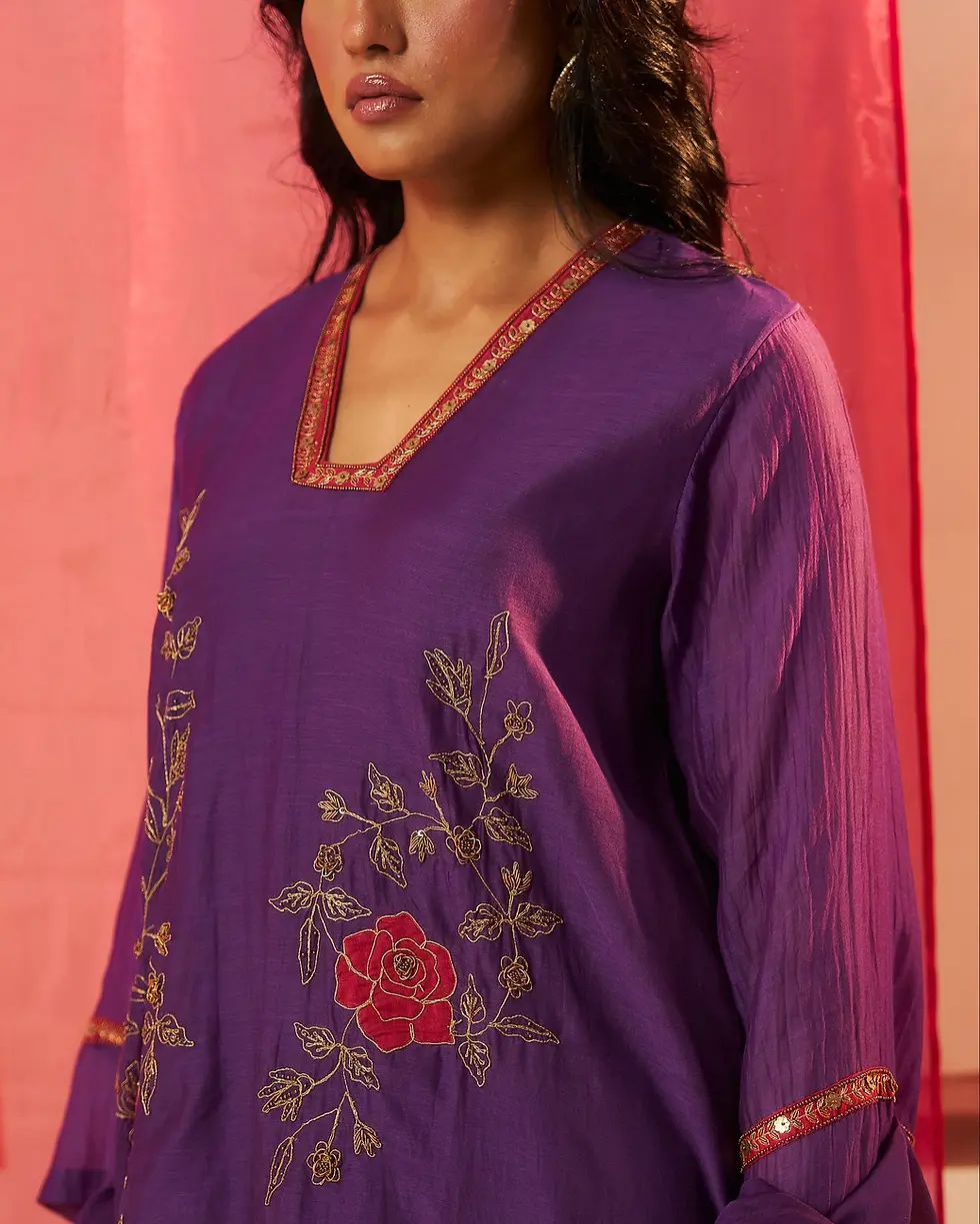 Thumbnail: Anola Store Purple Applique Dori & Dabka Embroidery  Kurta Set