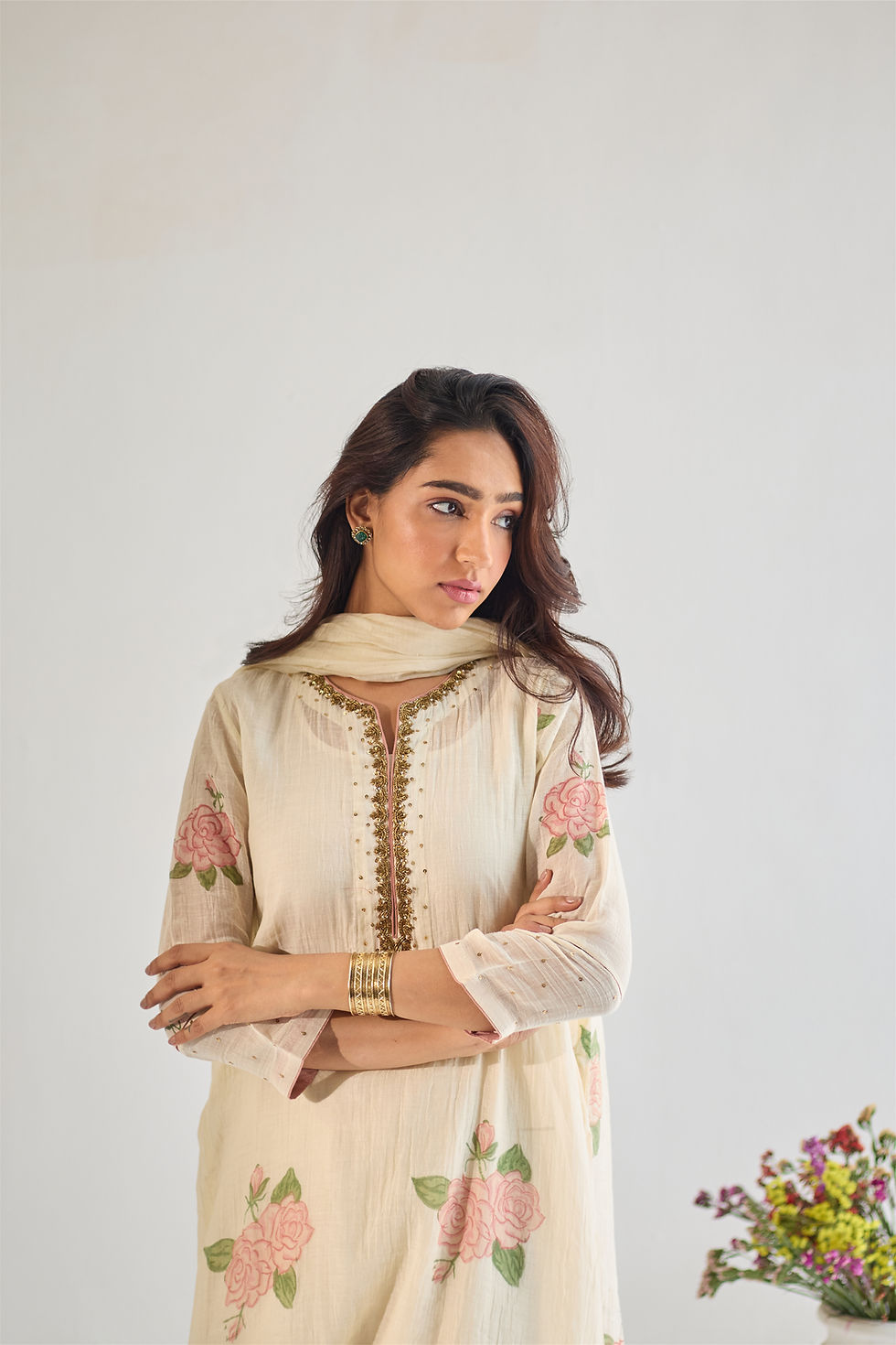 Thumbnail: Shah-Gul Hand Block Printed Chanderi Kurta Set - Ivory Pink