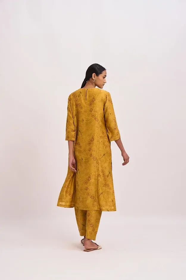 Thumbnail: Silk Floral Printed Straight Cut Suit Set - Mustard (Dupatta Opt.)