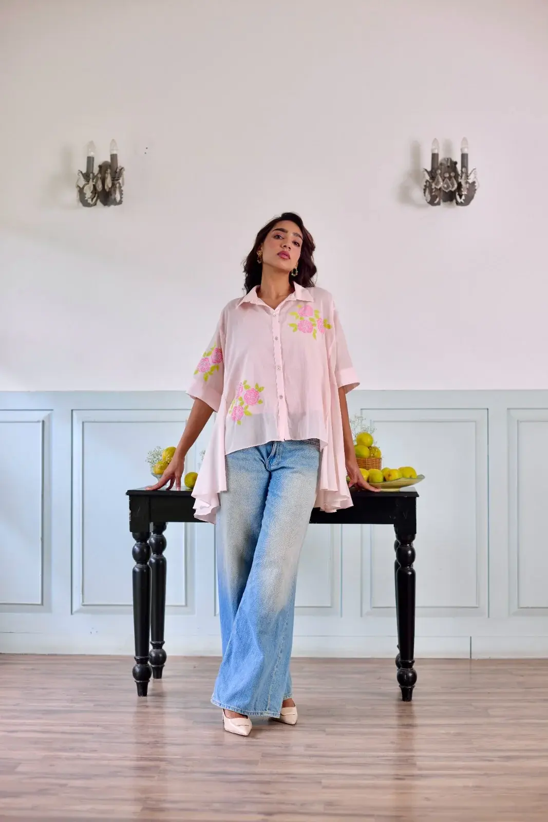 Rosette Pale Pink Hand Block Printed Mulmul Shirt