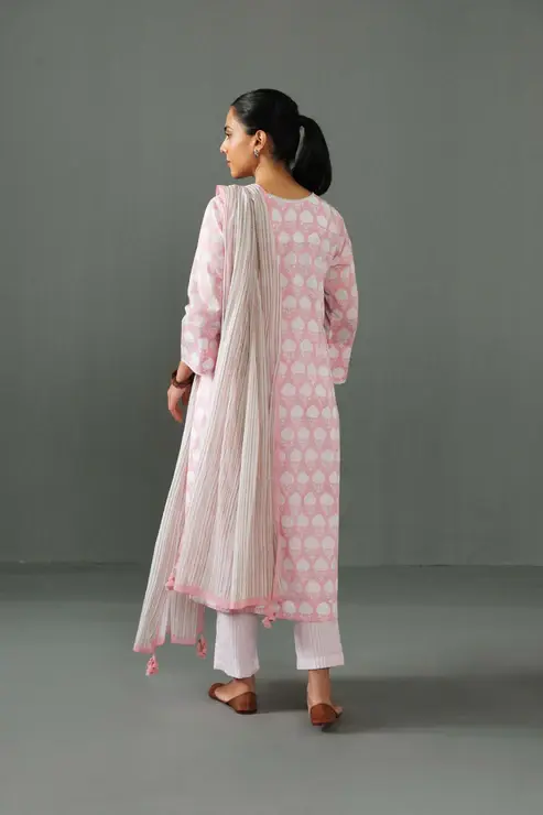 Thumbnail: Abha Block Print Kurta Set- Pink