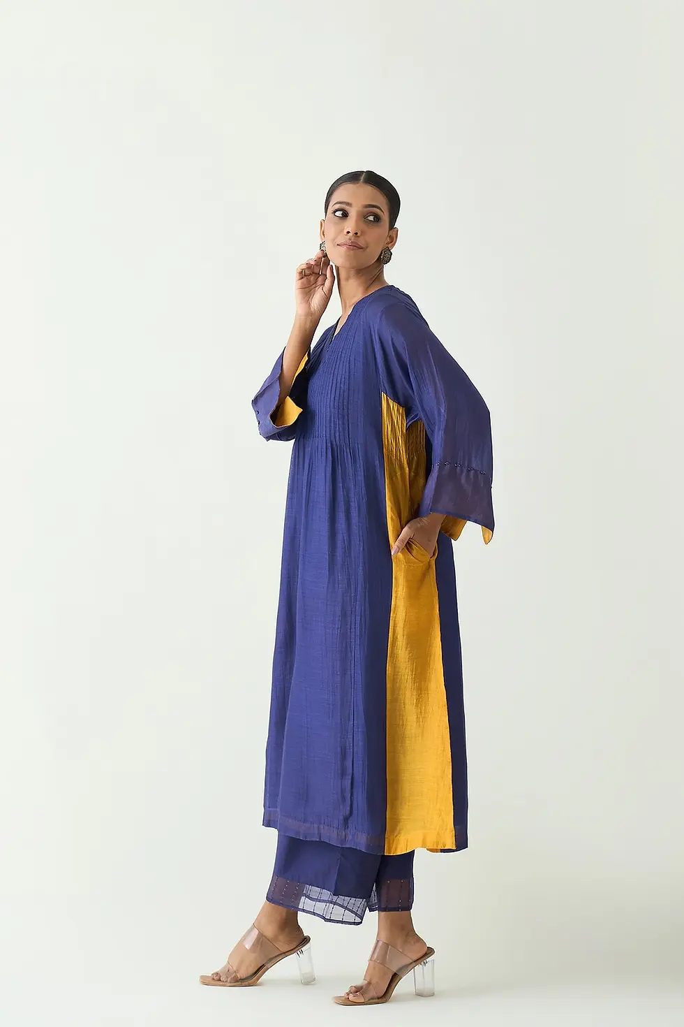 Thumbnail: Kriya Cotton Silk Color Block Choga Set - Purple And Mustard