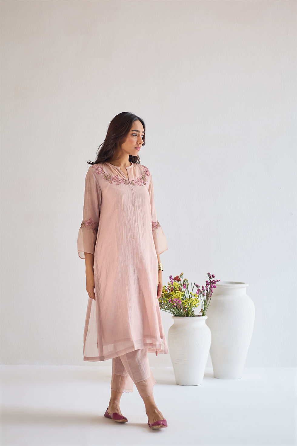 Shah-Gul Embroided Chanderi Kurta Set - Powder Pink