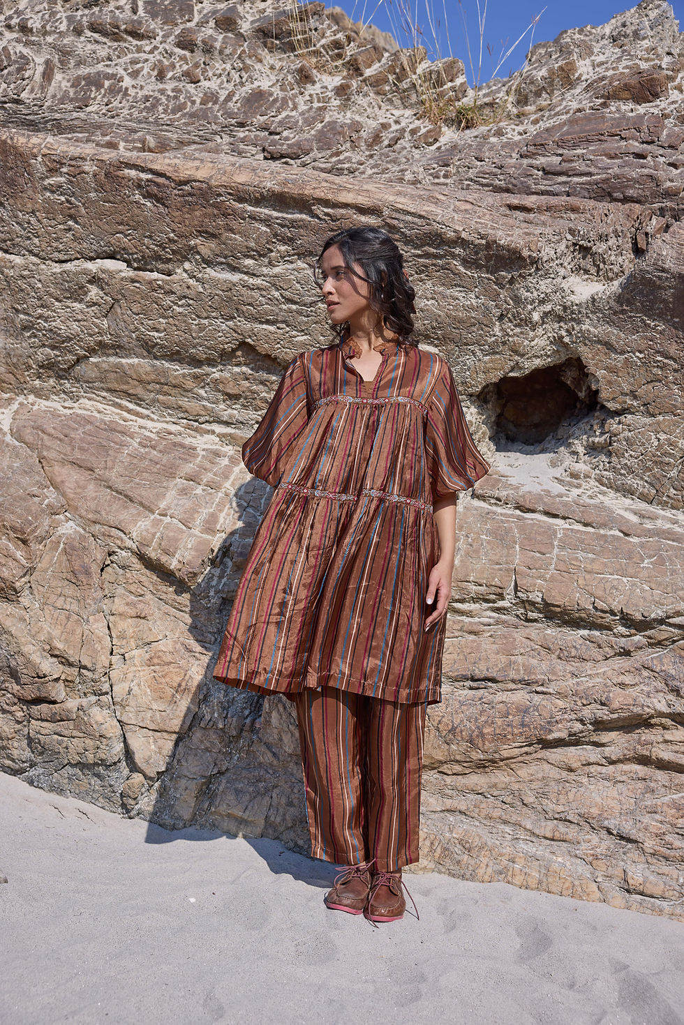 Thumbnail: Jess Tiered Striper Dress - Brown Striper