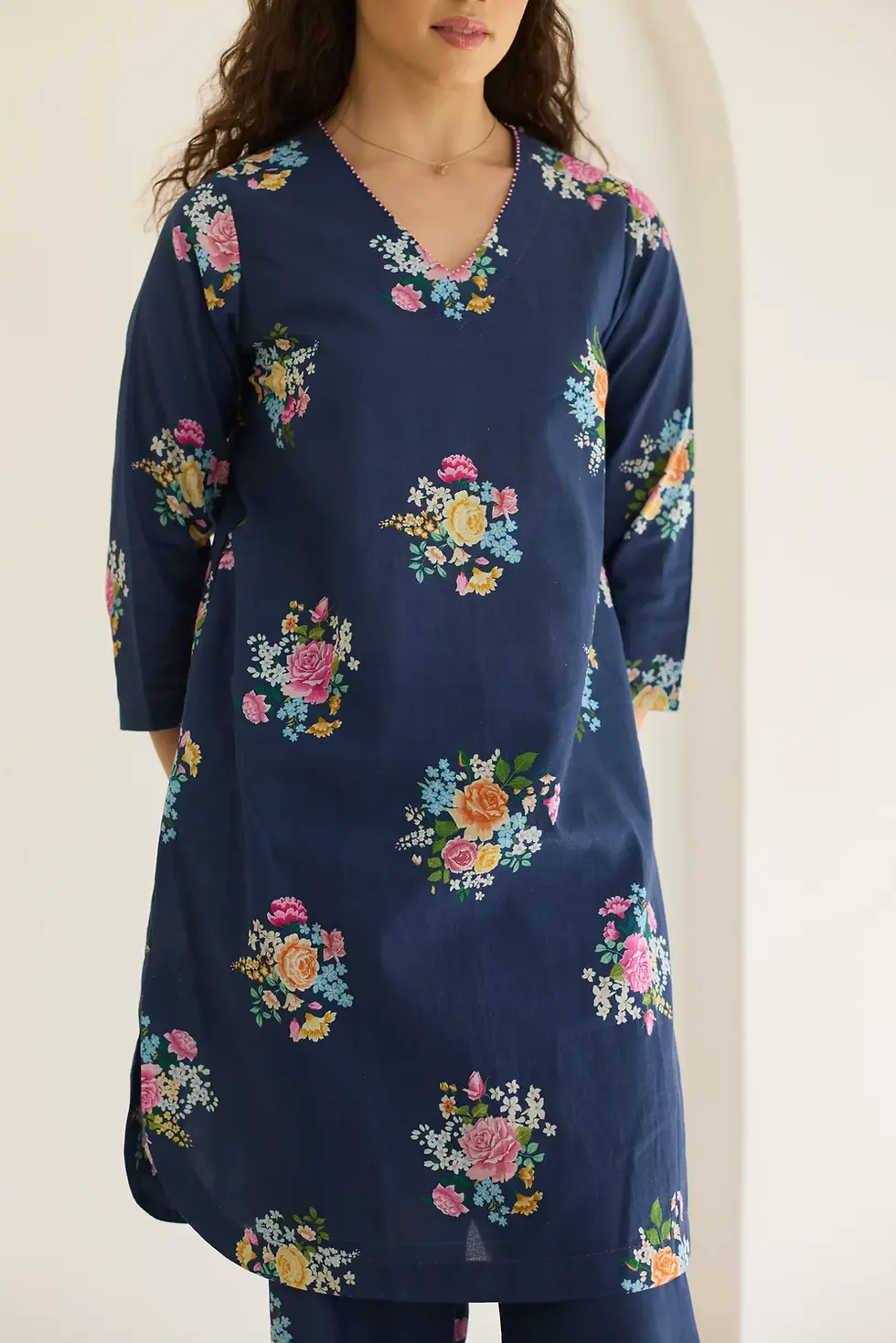 Thumbnail: Deep Blue Floral Bunch Short Kurta Set - V neck