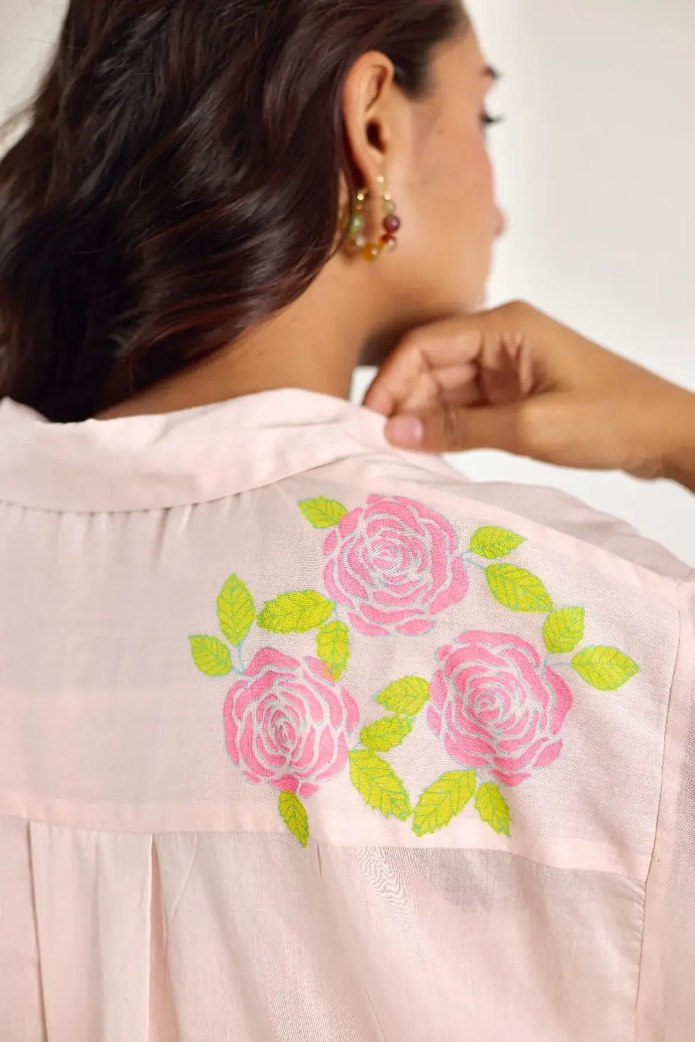 Thumbnail: Rosette Pale Pink Hand Block Printed Mulmul Shirt