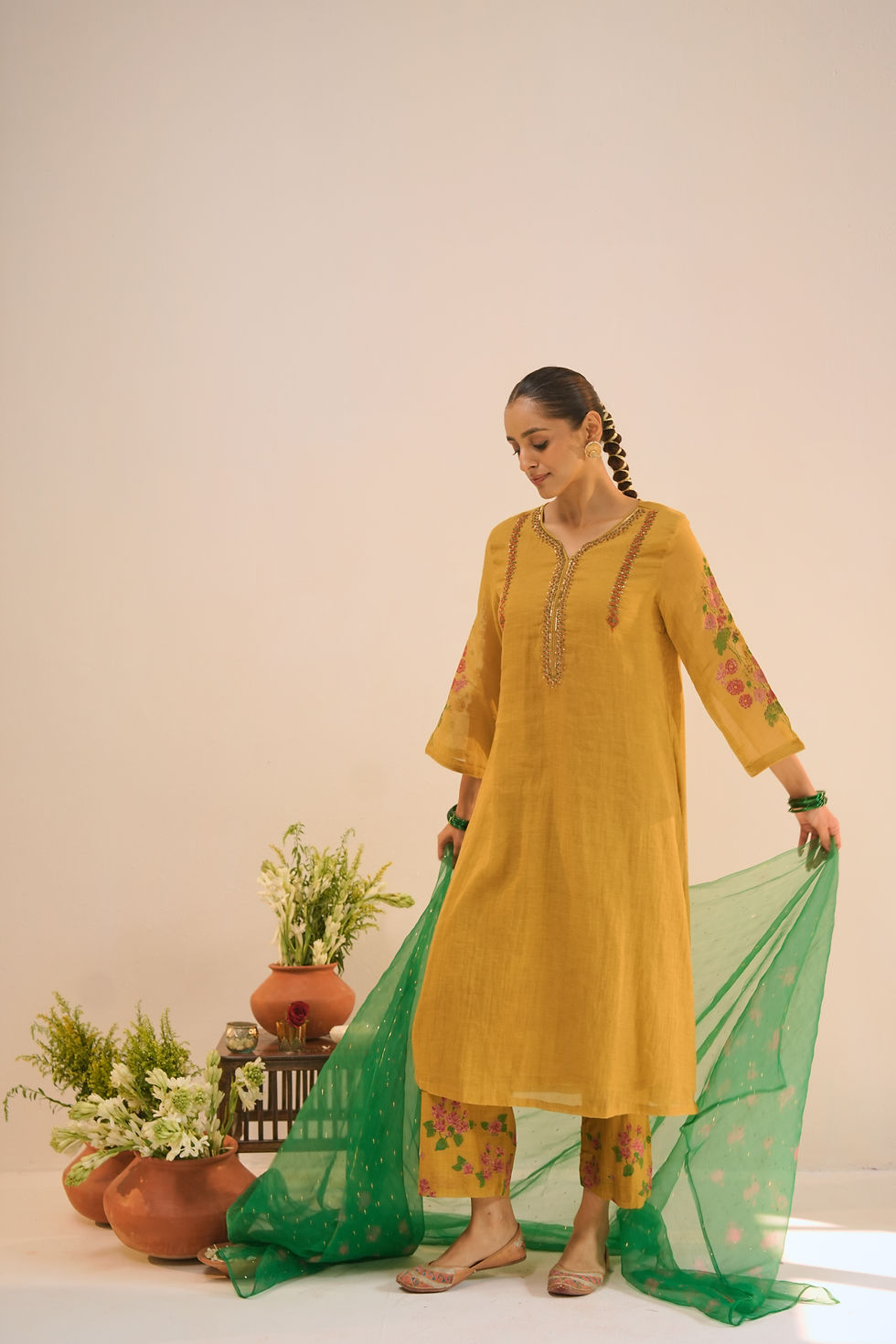 Thumbnail: Surmayee Mustard Hand Block Printed Chanderi Tissue Kurta Set