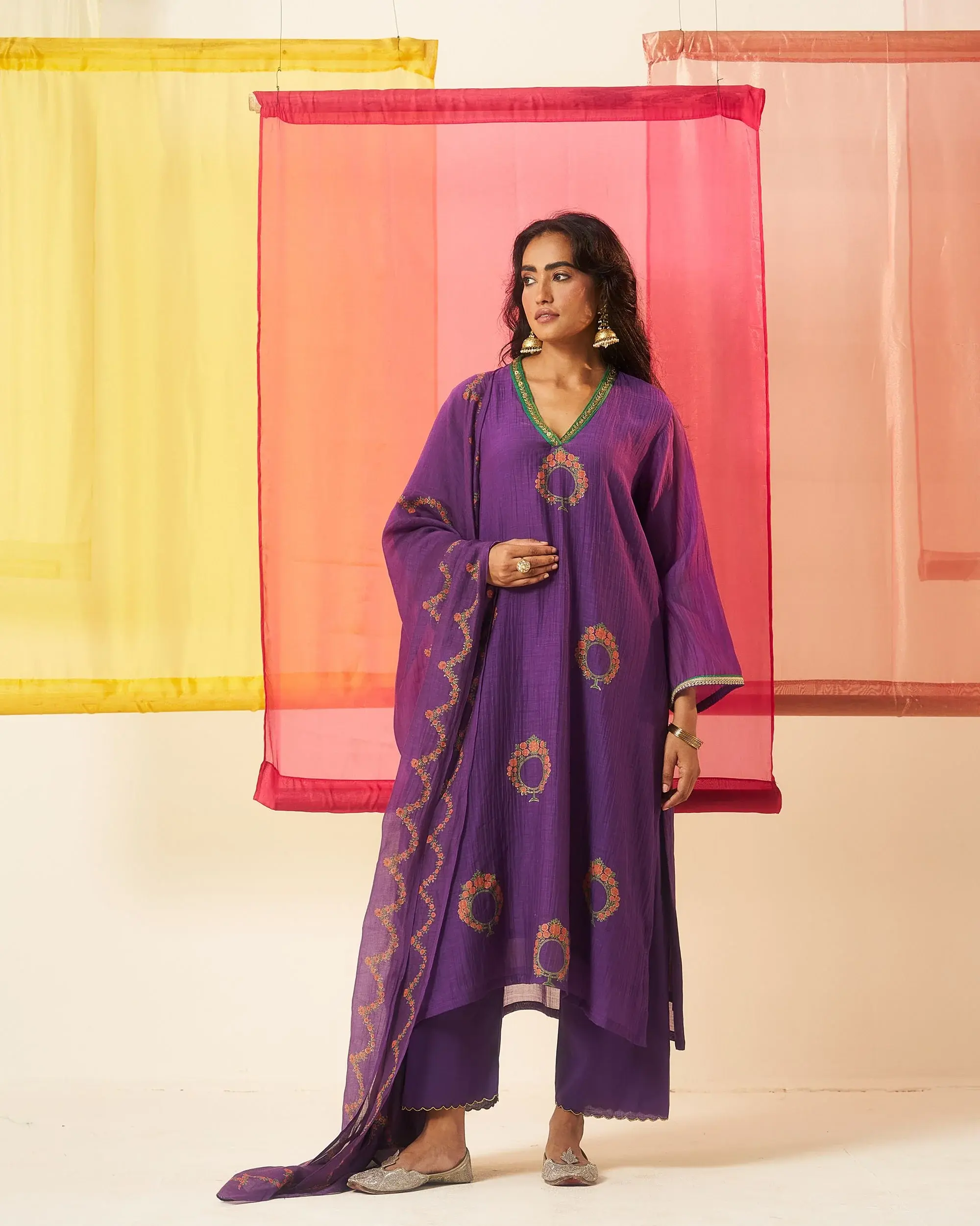 Mehraab Purple Hand Block Printed Chanderi Dabka Work Kurta Set