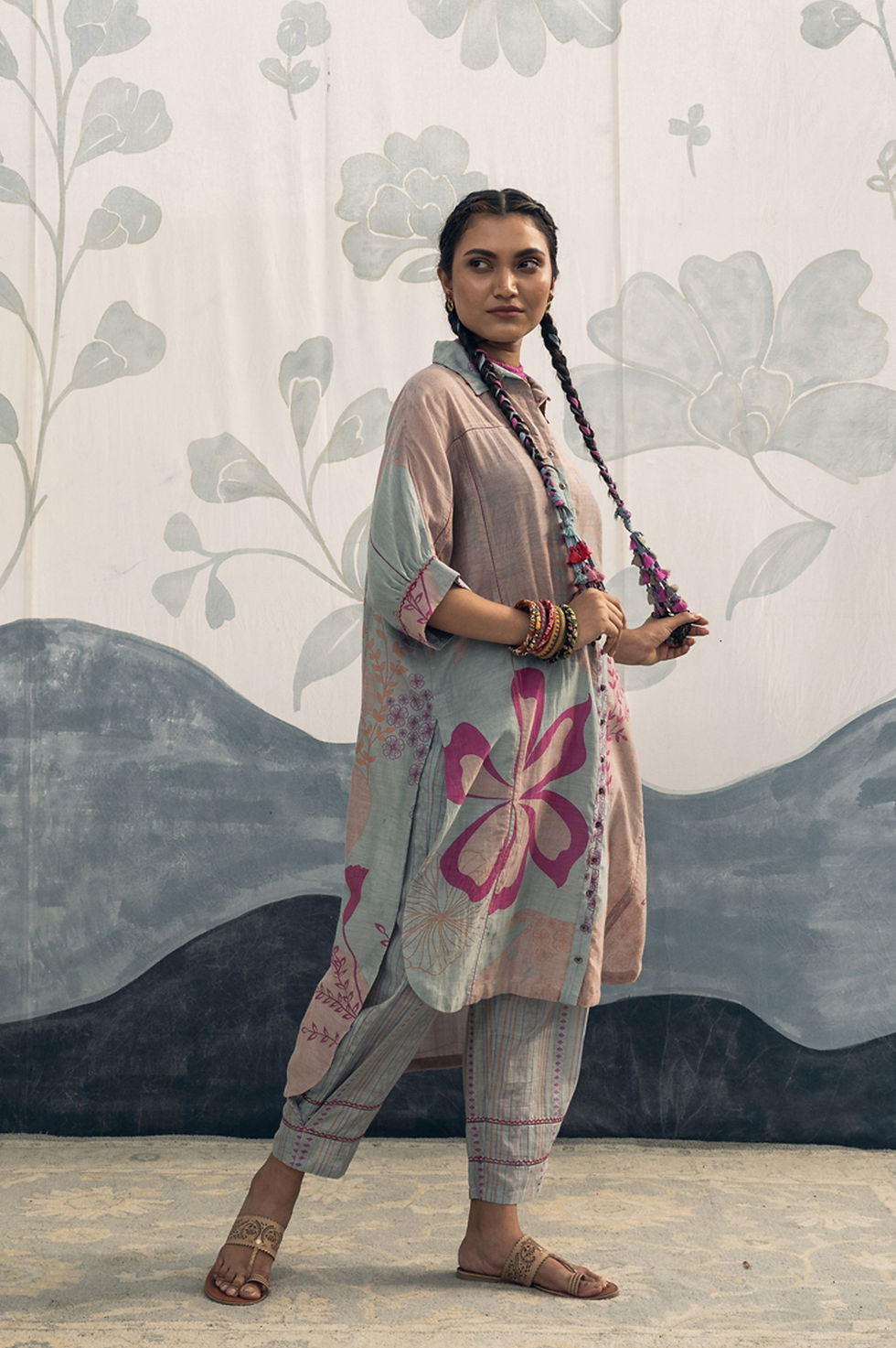 Thumbnail: Pink and sky blue hand woven, hand printed silk cotton Ainara long length shirt