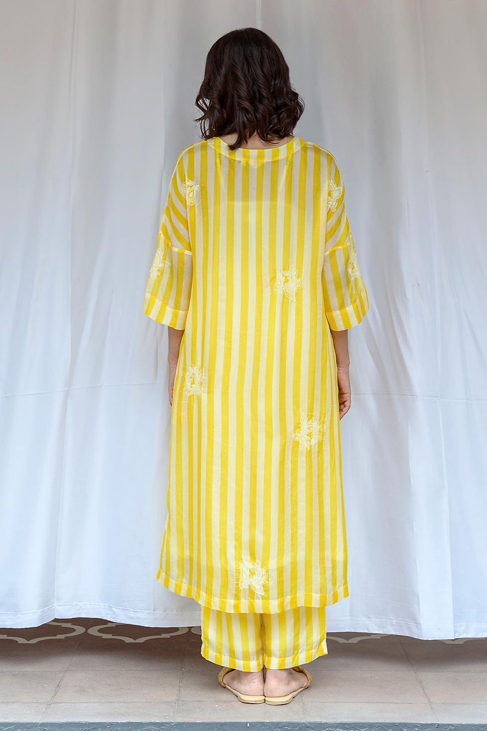 Thumbnail: The Paco embroidered silk kurta - Canary striped