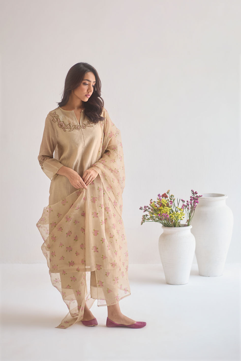 Shah-Gul Embroided Chanderi Kurta Set - Beige