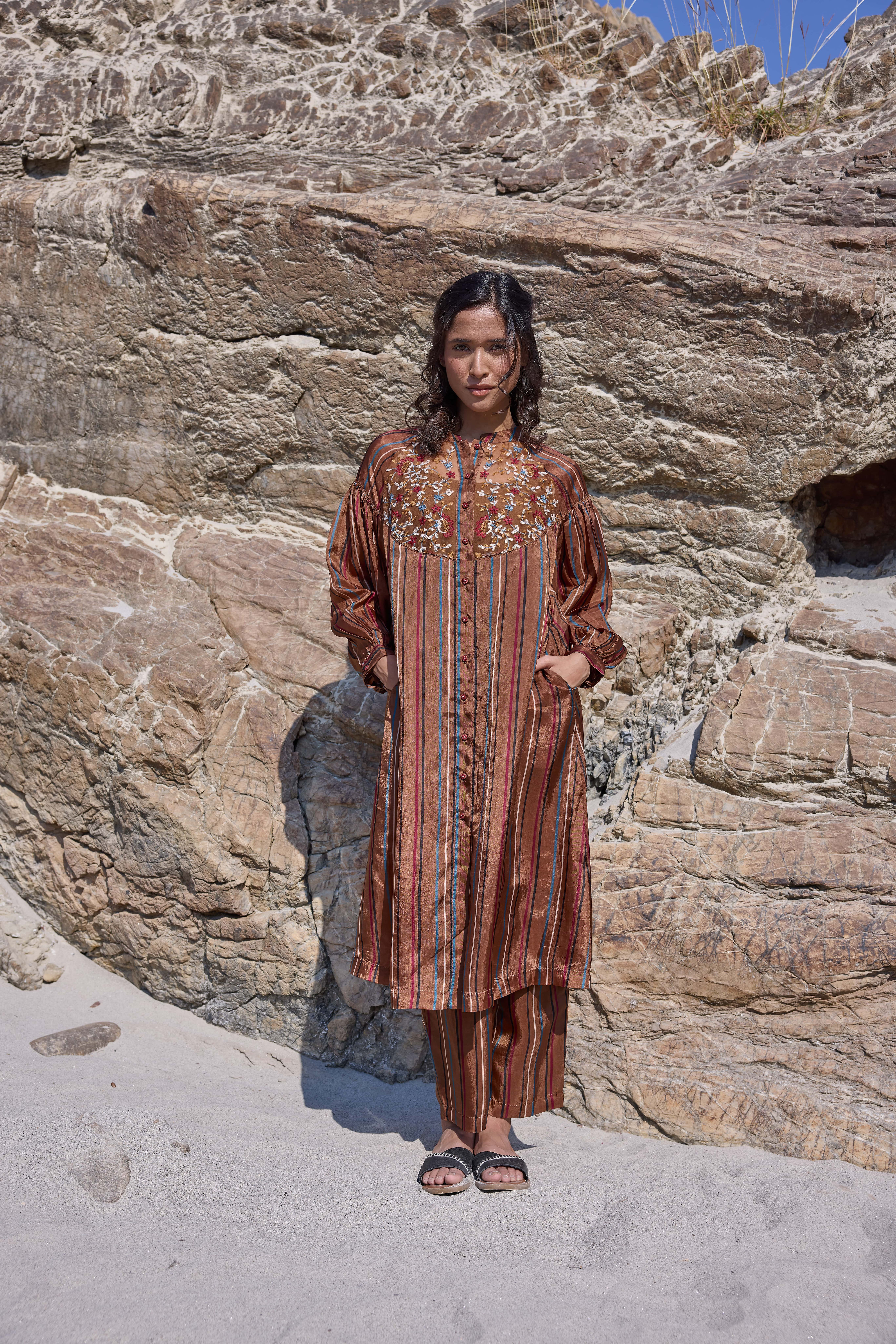 Lauren Button Down Tunic - Brown Striper