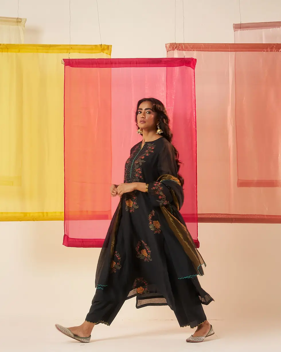 Thumbnail: Sitara Black Hand Block Printed Sequin Work Chanderi Kurta Set