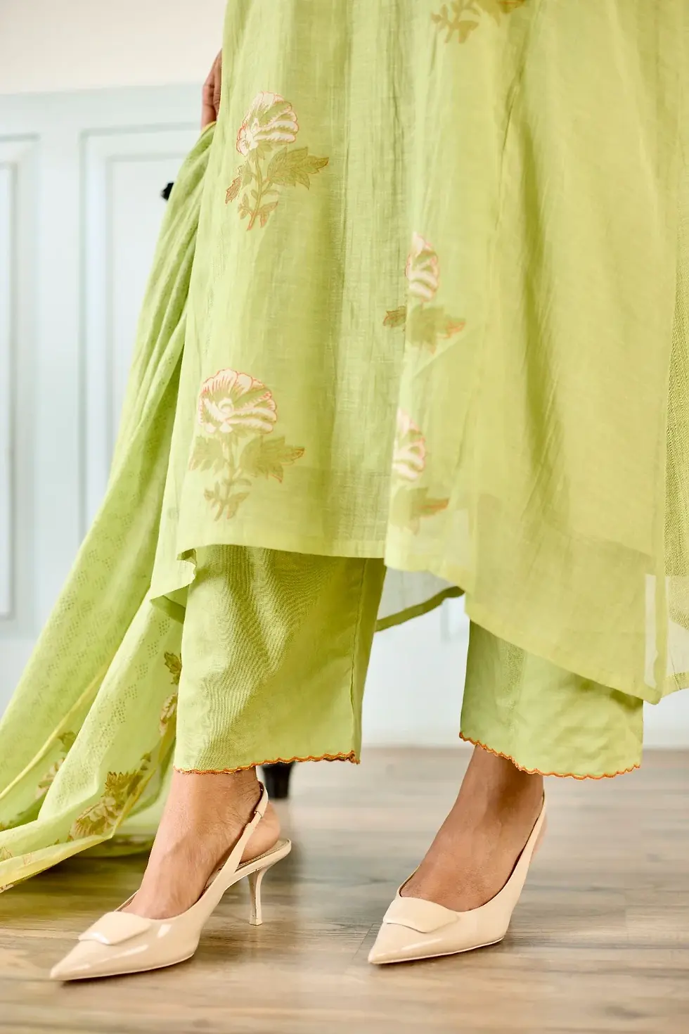 Thumbnail: Gulbagh Lemon Green Hand Block Printed Chanderi Kurta Set