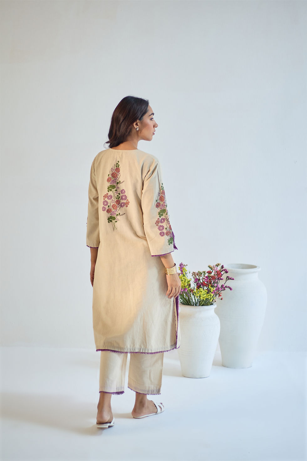 Thumbnail: Gulaab Hand Block Printed Linen Kurta Set -  Sand Plum