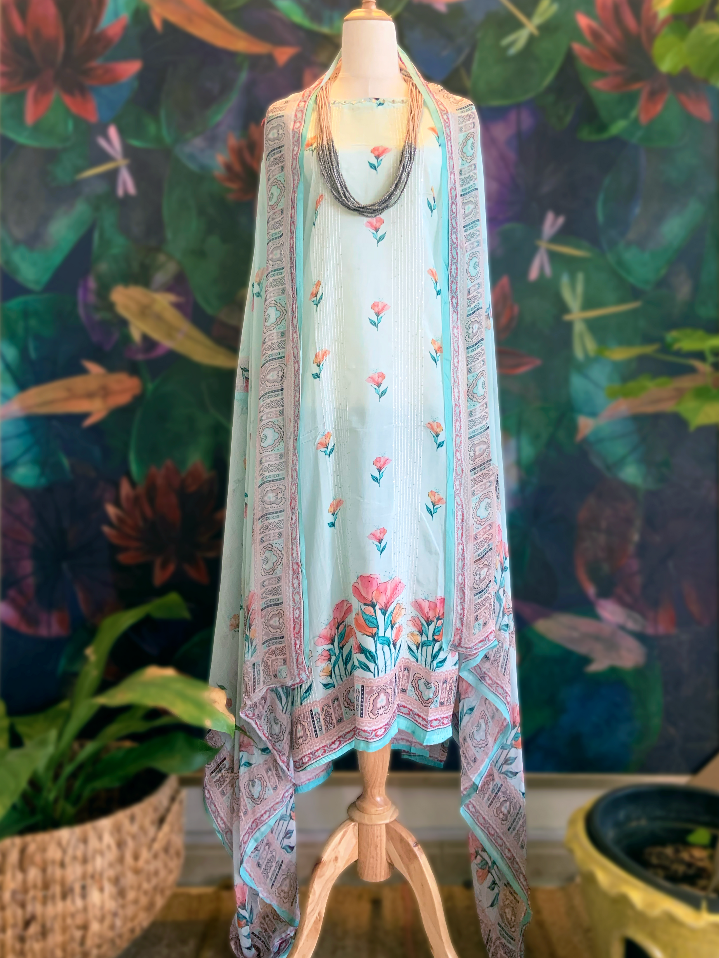 Sky blue Muslin Floral Printed Suit Set