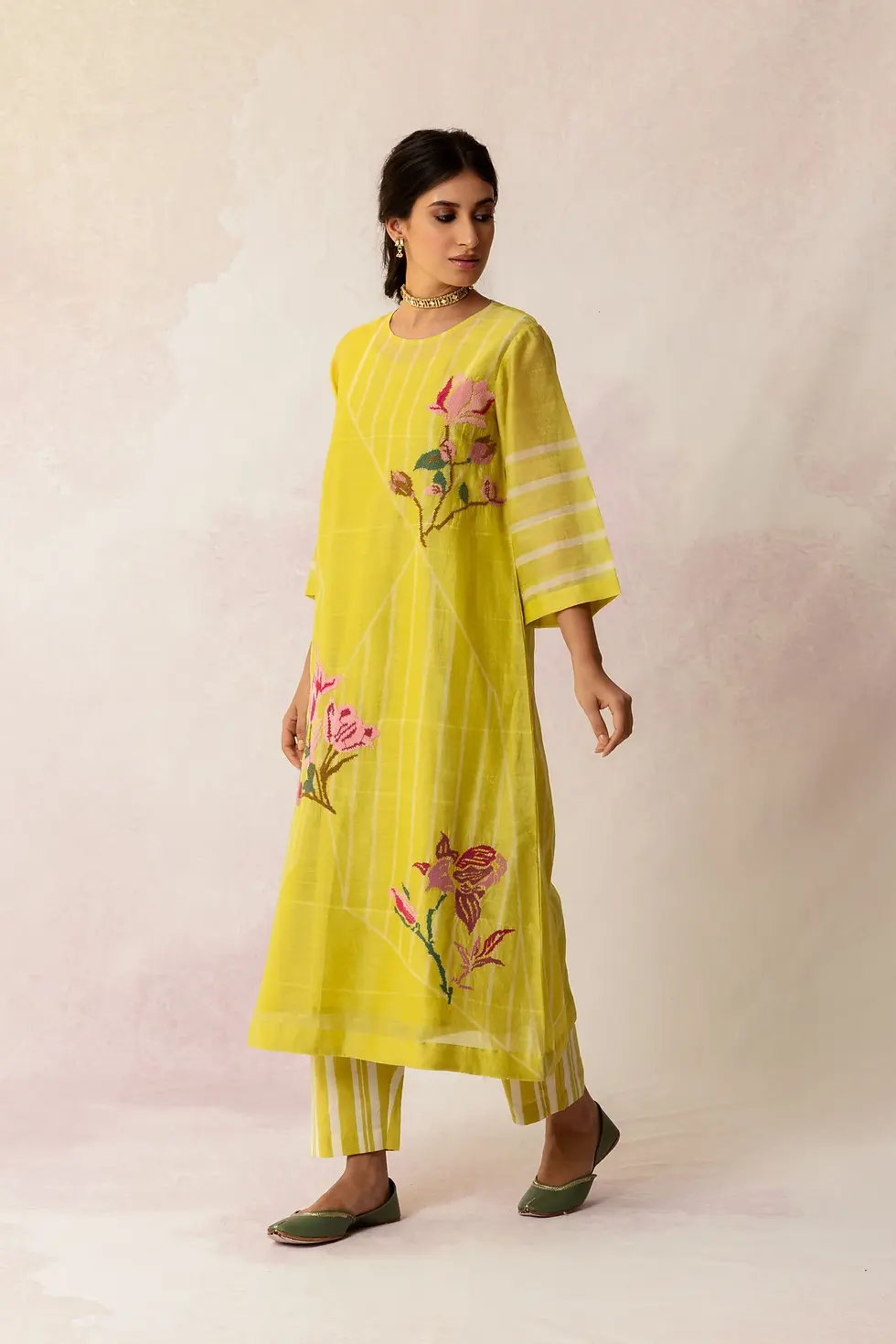 Thumbnail: Bahaar Olive Grid Floral Kurta Set