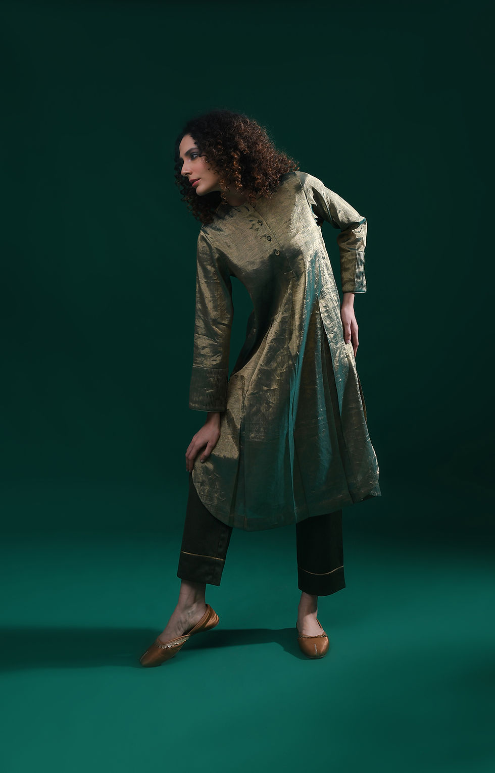 Thumbnail: Double Box Pleat Tissue Co-Ord - Mettalic Green