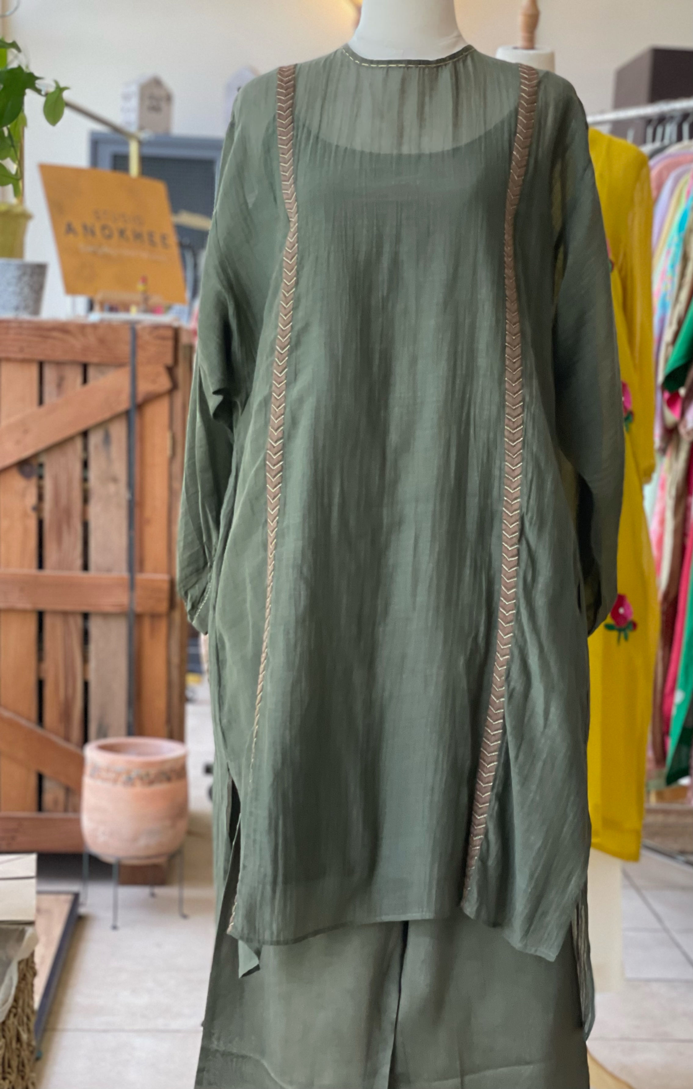 Cotton Chanderi  Hand Embroidered - Green