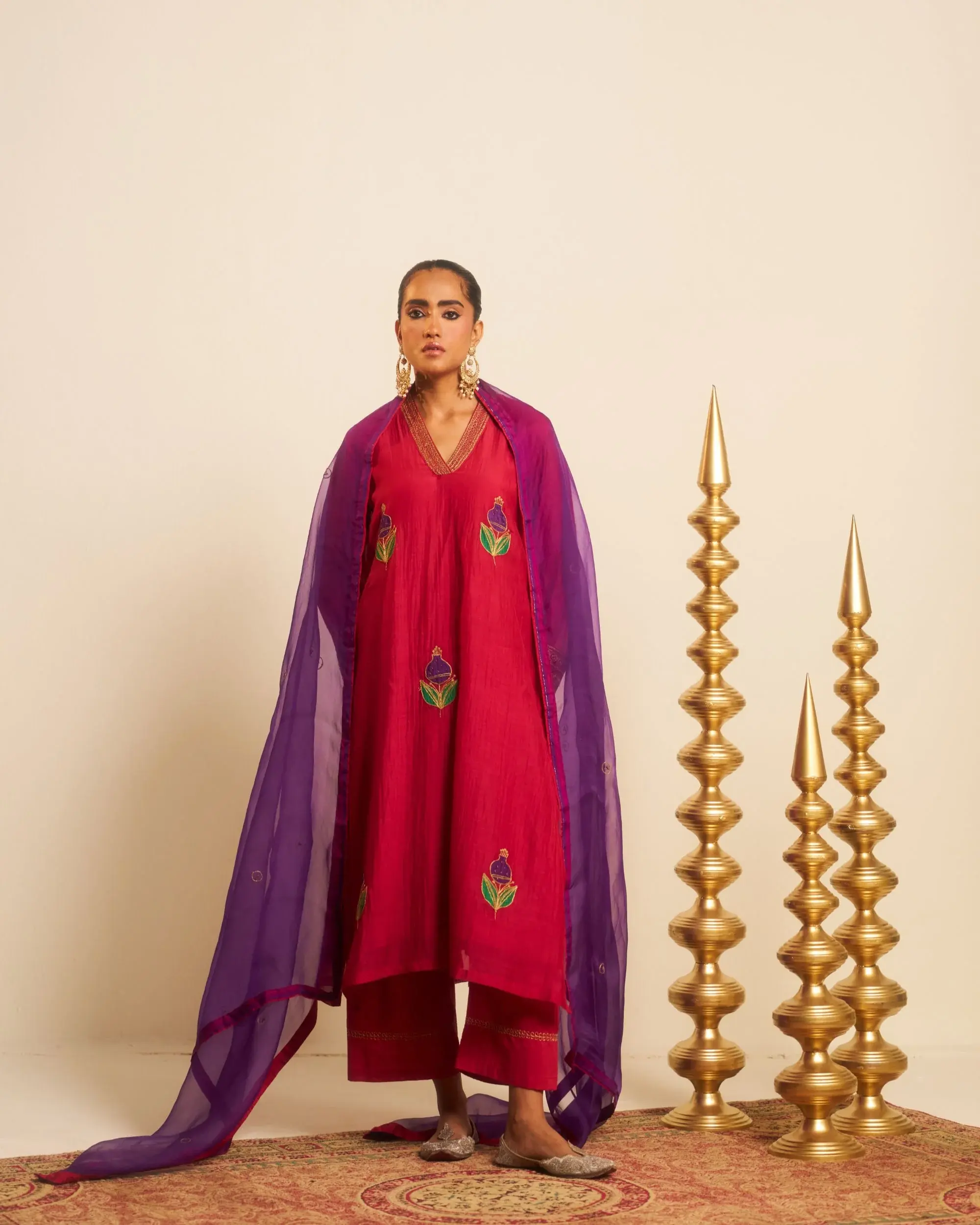 Punica Fuschia Applique Hand Embroidered Chanderi Kurta Set