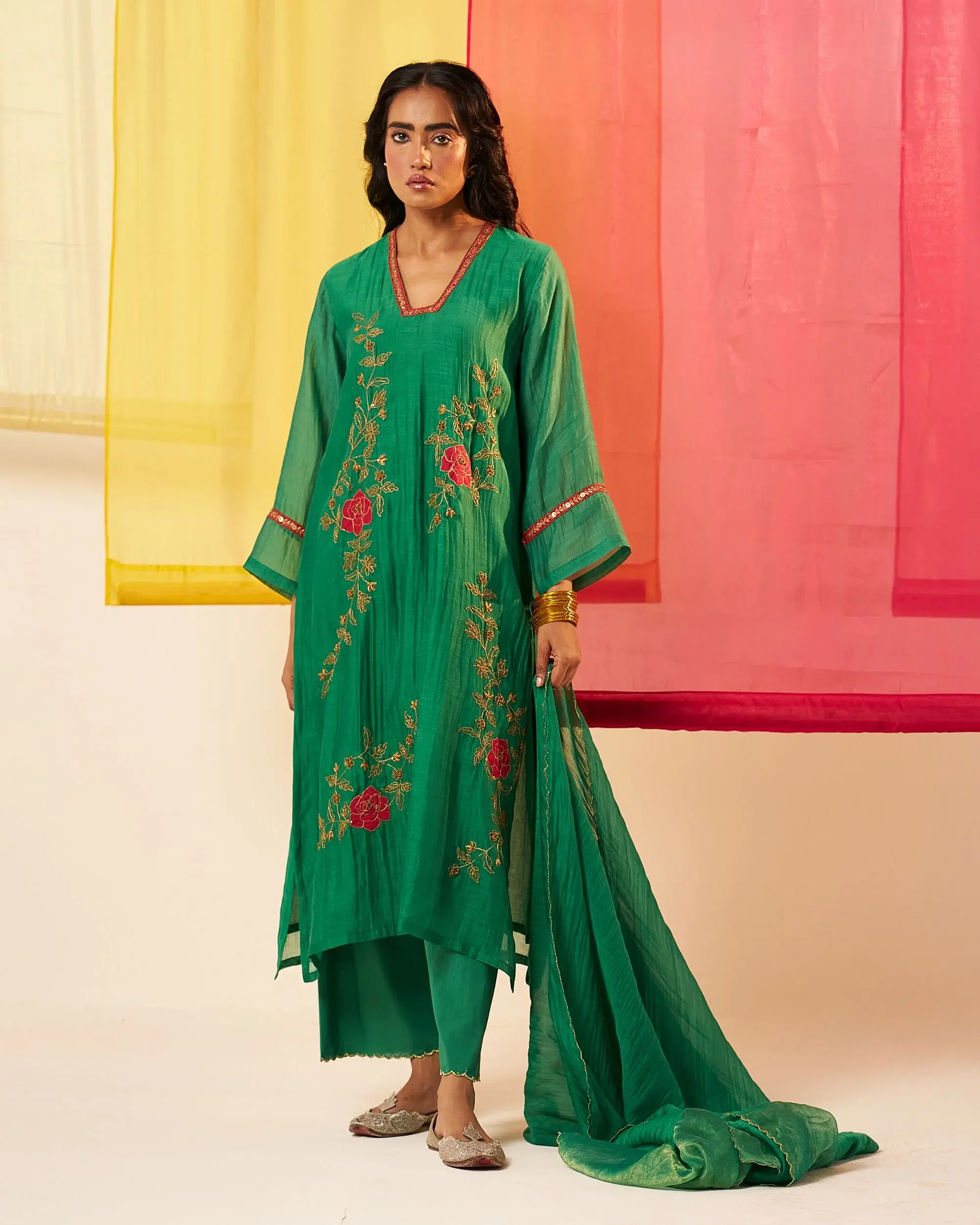 Anola Store Emerald Green Applique Dori & Dabka Embroidery  Kurta Set