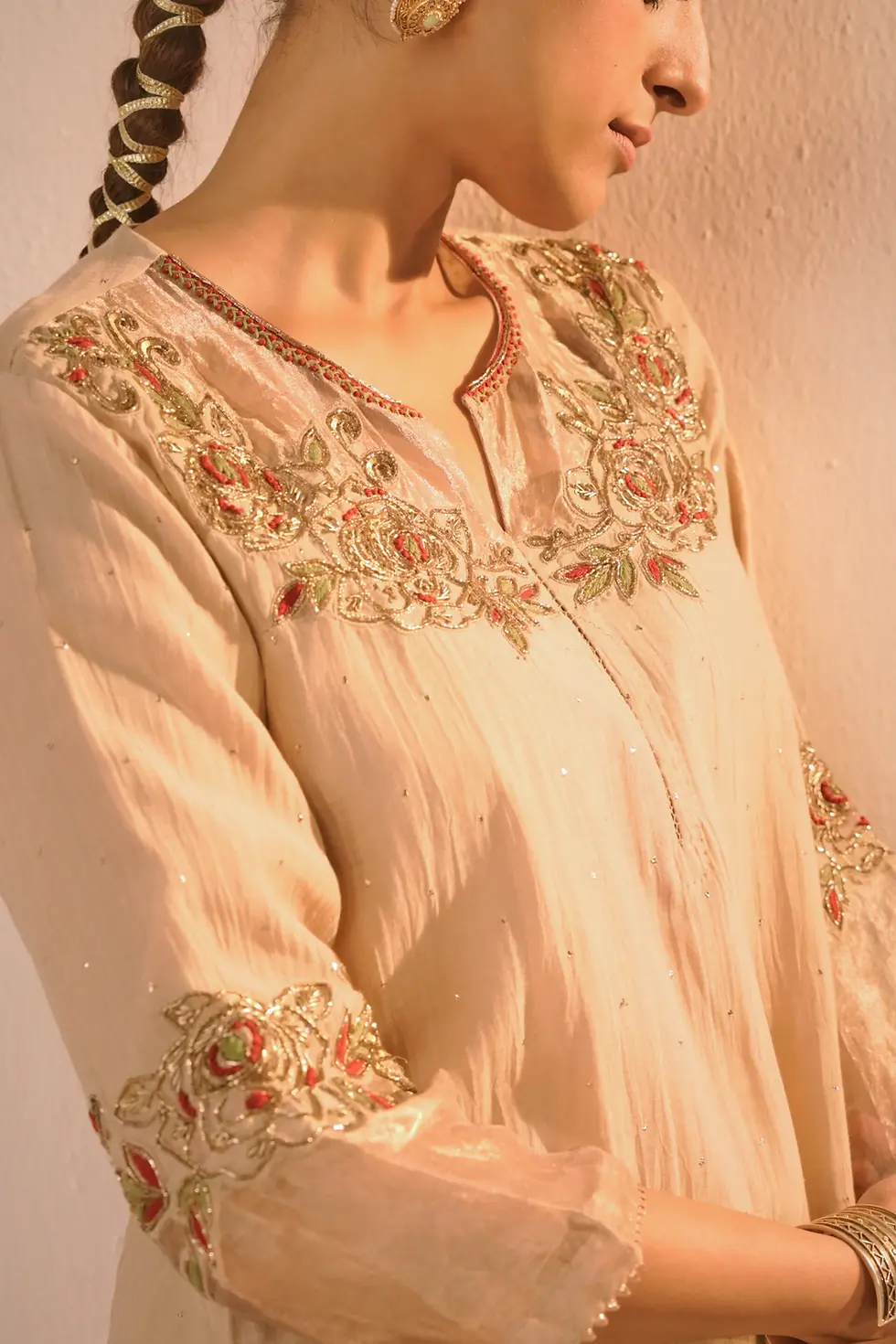 Thumbnail: Surmayee Beige Mukaish Chanderi Kurta Set With Zardosi And Thread Work